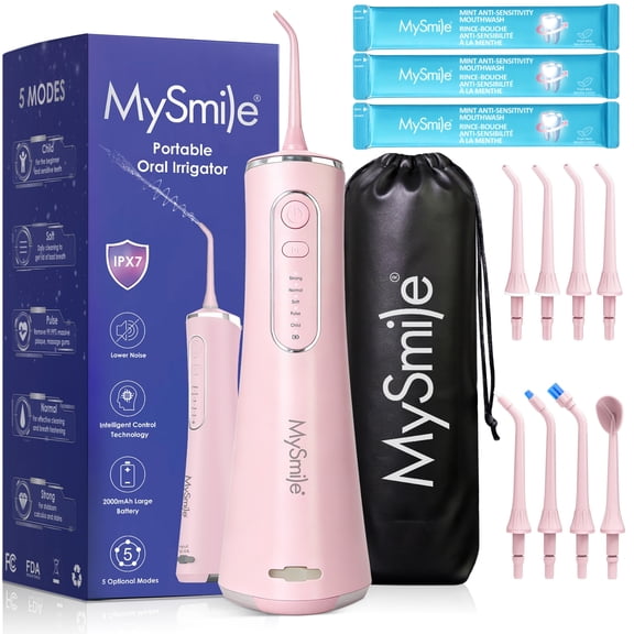 MySmile LP211 Portable Water Flosser Cordless for Teeth Braces, Electric Water Dental Flossers with 3pc Mouthwash, Oral Irrigator, IPX7, 5 Modes, 8 Jet Tips, 260ml Tank, 1 Travel Bag, Pink