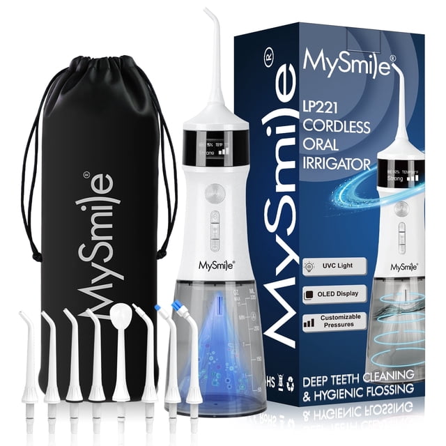 MySmile LP221 OLED Cordless Water Flosser with UVC Sterilizer Light, Portable Oral Irrigator Electric Dental Flosser Picks for Teeth Cleaning, Braces, Gums, 5 Modes, 8 Jet Tips, Travel Bag, White