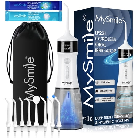 MySmile LP221 OLED Cordless Water Flosser with UVC Sterilizer Light, Portable Oral Irrigator Electric Dental Flosser Picks for Teeth Cleaning, Braces, Gums, 5 Modes, 8 Jet Tips, Travel Bag, White