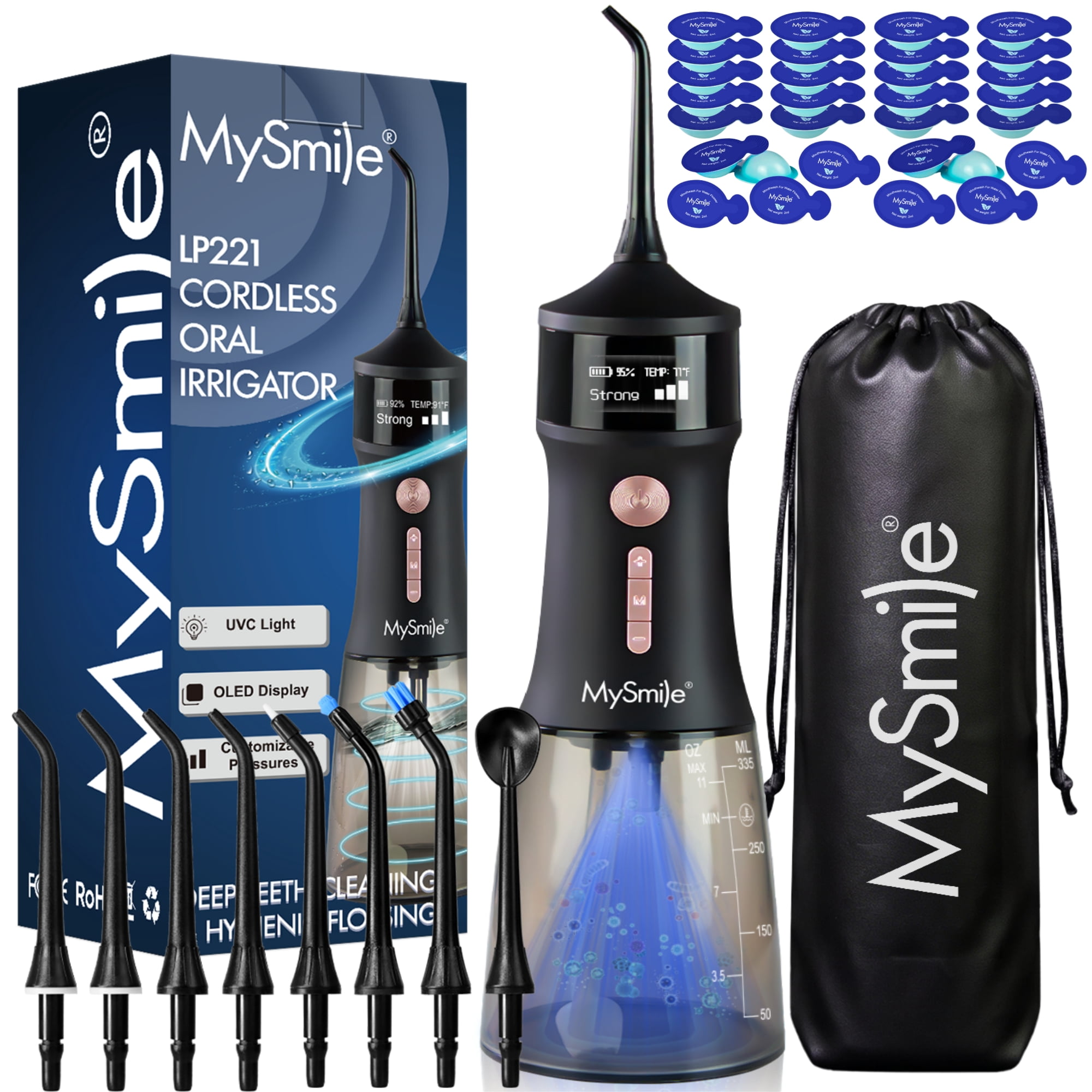 MySmile LP221 OLED Portable Water Flosser Cordless with UVC Light & 30pcs Mouthwash Combo Pack, Oral Irrigator Electric Dental Flosser Picks for Teeth Cleaning, 5 Modes, 8 Jet Tips, Travel Bag, Black