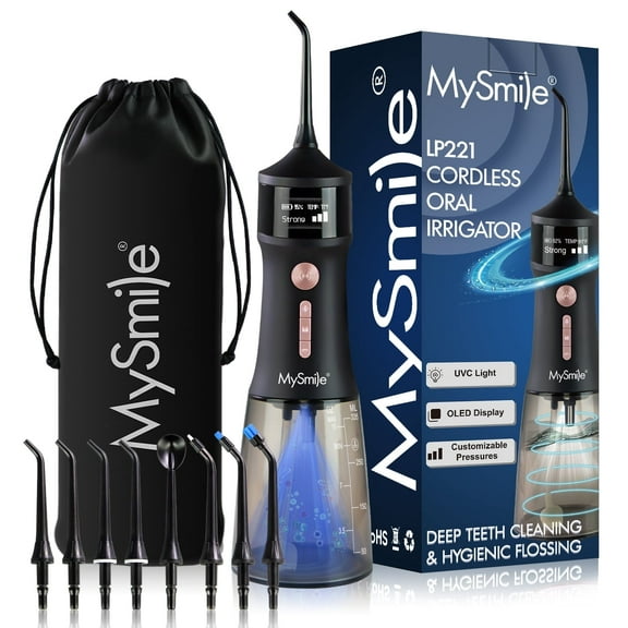 MySmile LP221 OLED Cordless Water Flosser with UVC Sterilizer Light, Portable Oral Irrigator Electric Dental Flosser Picks for Teeth Cleaning, Braces, Gums, 5 Modes, 8 Jet Tips, Travel Bag, Black