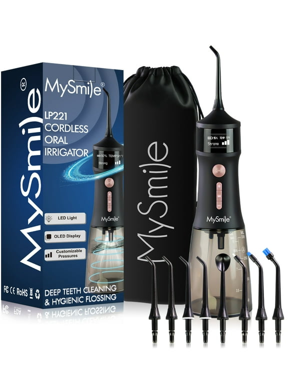 MySmile LP221 Powerful Cordless Water Flosser with UV Light Waterproof Oral Irrigator for Teeth 335ML Portable Dental Flosser 4 Modes 8 Jet Tips