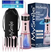 MySmile LP221 OLED Cordless Water Flosser with UVC Light, Portable Oral Irrigator, Electric Dental Flosser Picks for Teeth Braces, 2 Mouthwash, IPX7, 5 Modes, 8 Jet Tips, Travel Bag, Pink
