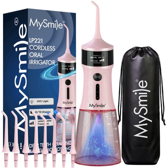 MySmile LP221 OLED Cordless Water Flosser with UVC Sterilizer Light, Portable Oral Irrigator Electric Dental Flosser Picks for Teeth Braces, IPX7 Waterproof, 5 Modes, 8 Jet Tips, Travel Bag, Pink