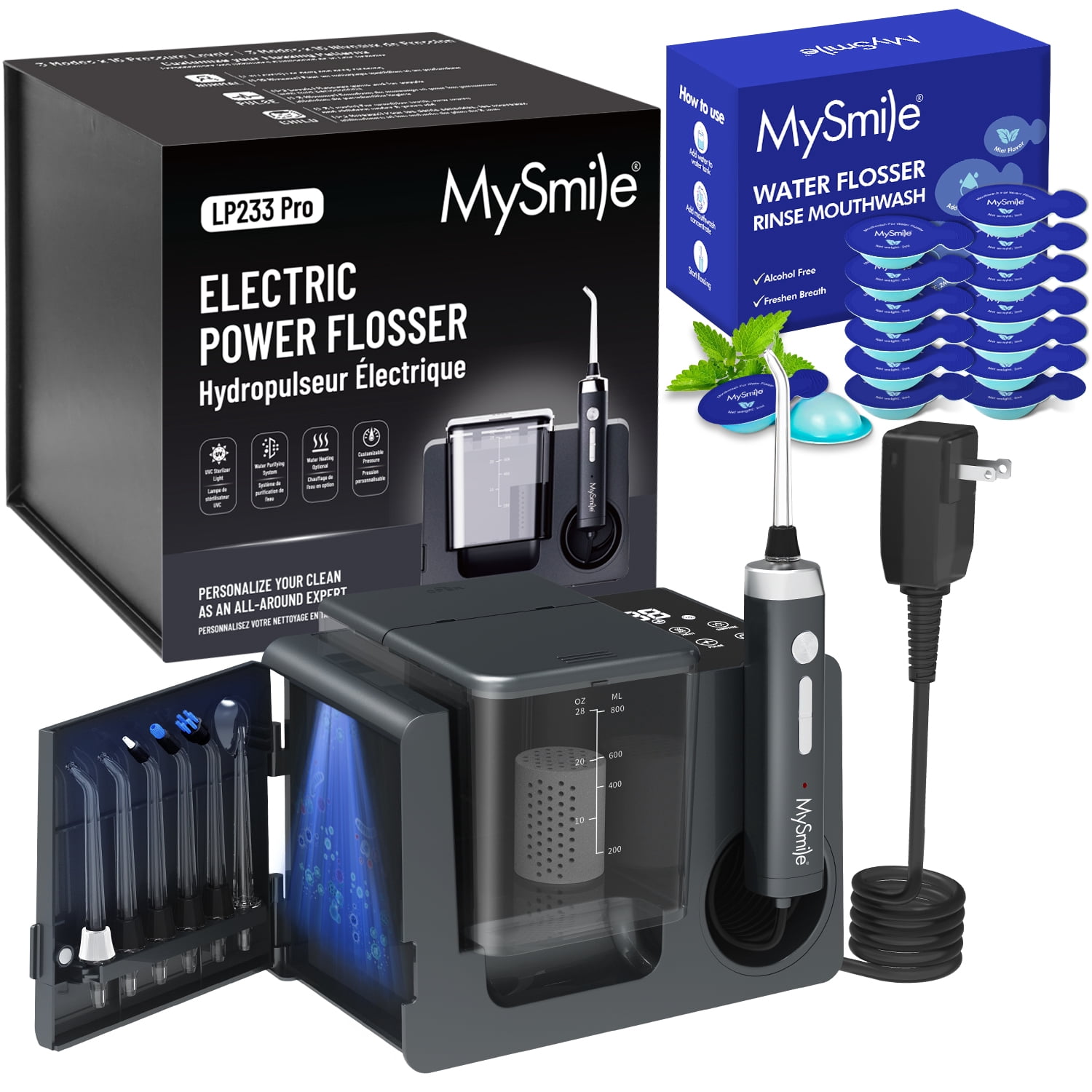 MySmile LP233 Pro 800ml Countertop Electric Dental Water Flosser with UVC Sterilizer Light & 30PC Travel Mouthwash, Power Oral Irrigator for Teeth Braces, 6 Jet Tips, Black