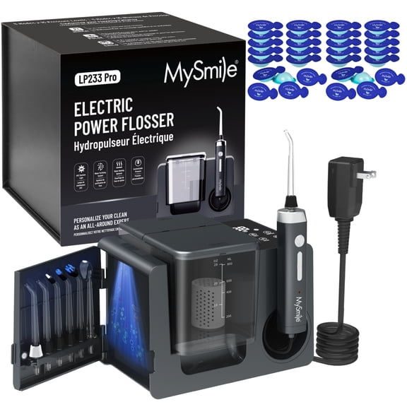 MySmile LP233 Pro 800ml Countertop Electric Dental Water Flosser with UVC Light & 30PC Travel Mouthwash, Power Oral Irrigator for Teeth Braces, 6 Jet Tips, Black