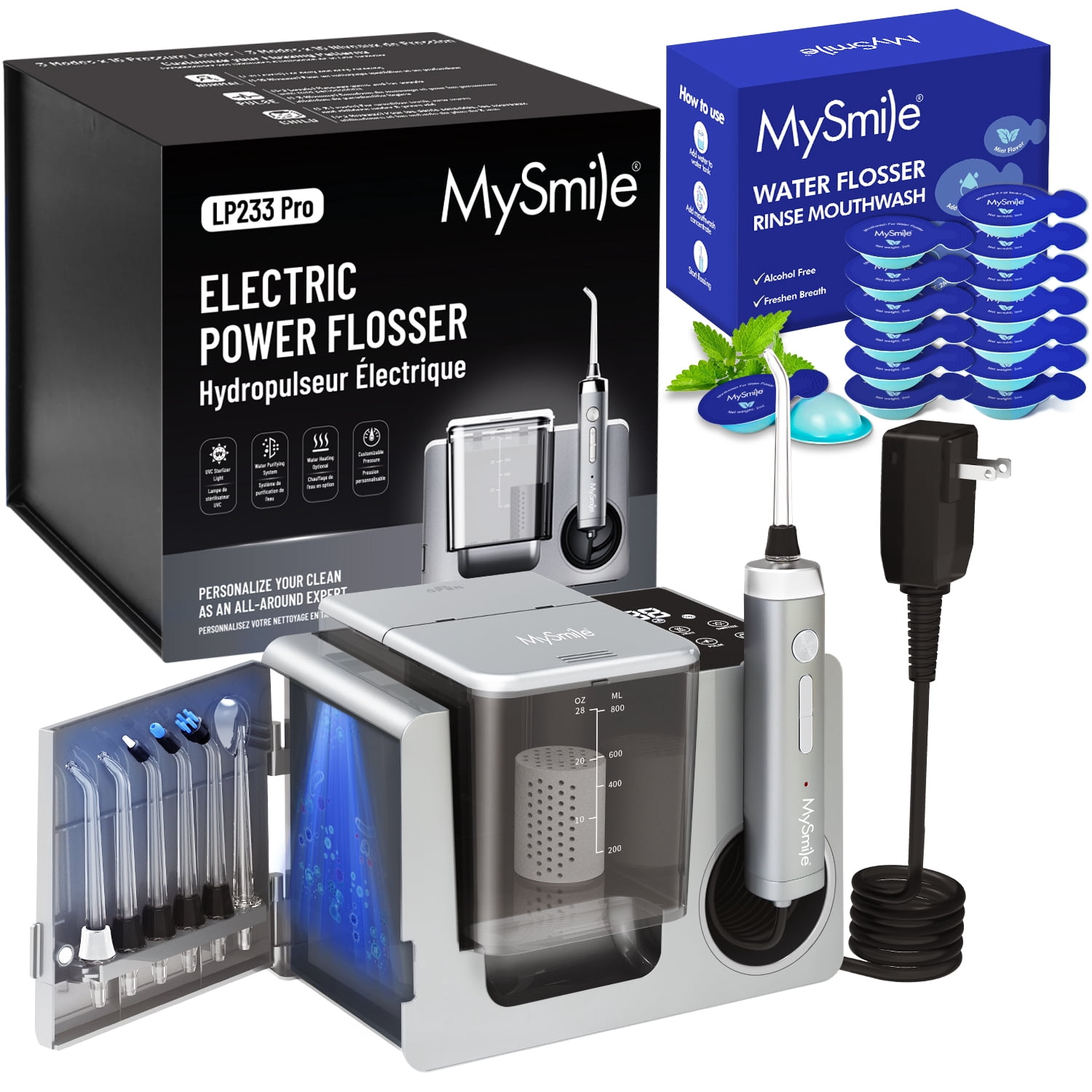 MySmile LP233 Pro 800ml Countertop Electric Dental Water Flosser with 30PC Mouthwash & UVC Sterilizer Light, Power Oral Irrigator for Teeth Braces 6 Jet Tips, Silver
