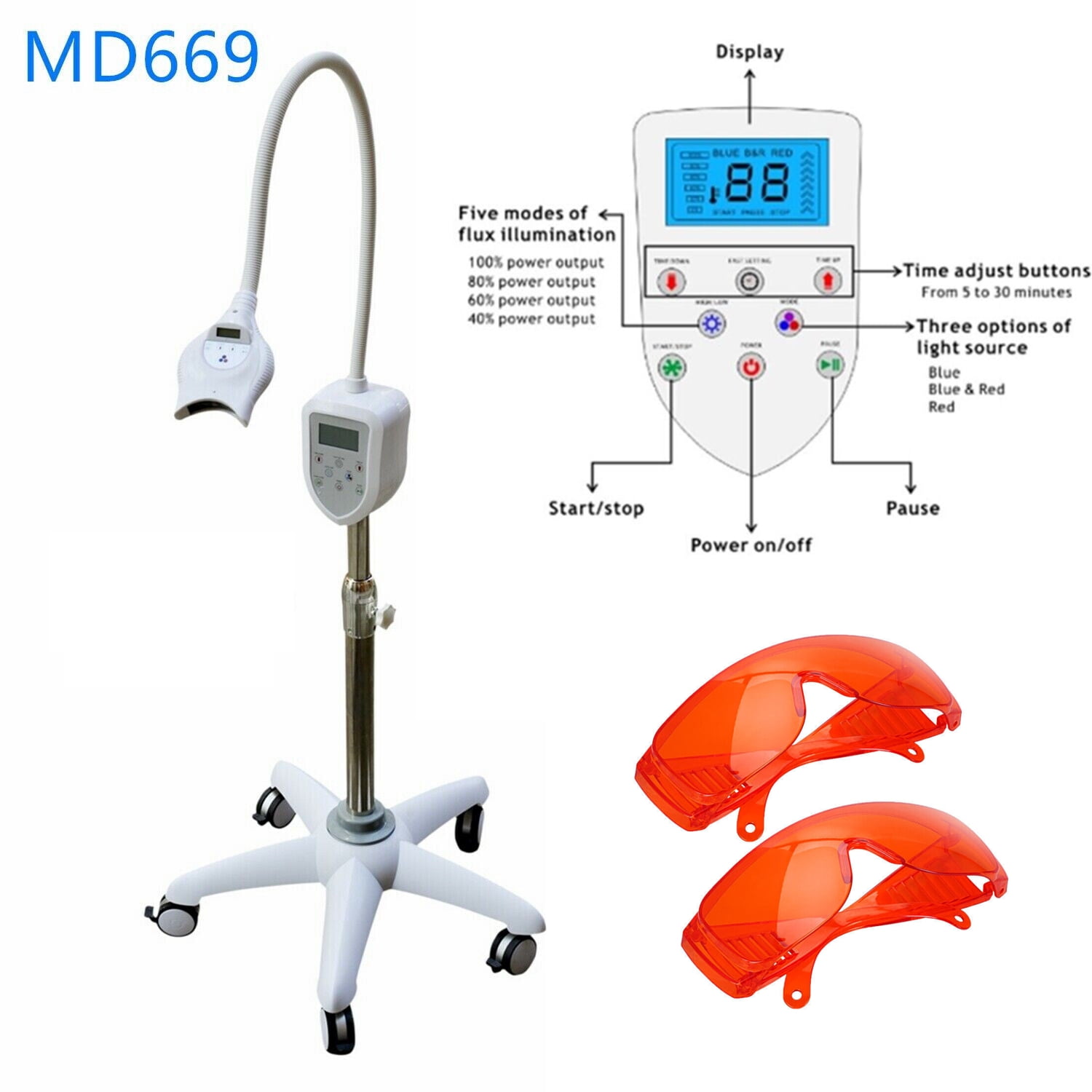 MySmile MD669 Dental Mobile Teeth Whitening Machine Lamp 30W Cold Light  Bleach Accelerator With 2pc Goggles Glasses 