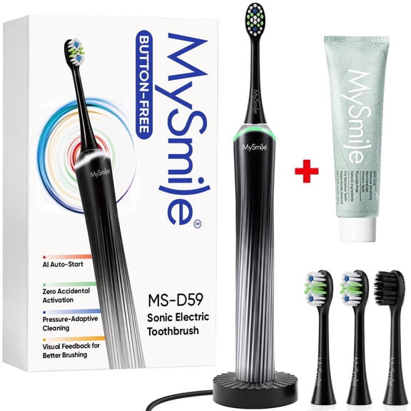 MySmile MS-D59 Button-Free Sonic Electric Toothbrush with Pressure Sensor & Visual Light Ring, Rechargeable Travel Toothbrush for Adults, 1 Toothpaste Sample, IPX7 Waterproof, 3 Heads, Black & Silver