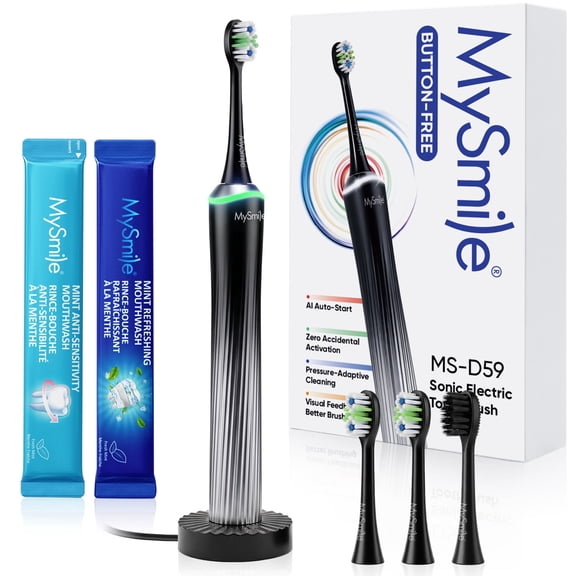 MySmile MS-D59 Button Free Sonic Electric Toothbrush with Pressure Sensor & Visual Light Ring, Rechargeable Travel Toothbrush for Adults, 2 Mouthwash, Waterproof, Smart Timer, 3 Heads, Black & Silver