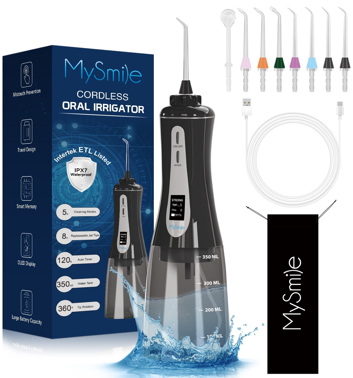 MySmile LP201 Water Flosser for Teeth Powerful Cordless 350ML Water Dental Flosser Portable OLED Display Oral Irrigator, 5 Modes 8 Replaceable Jet Tips (Black)