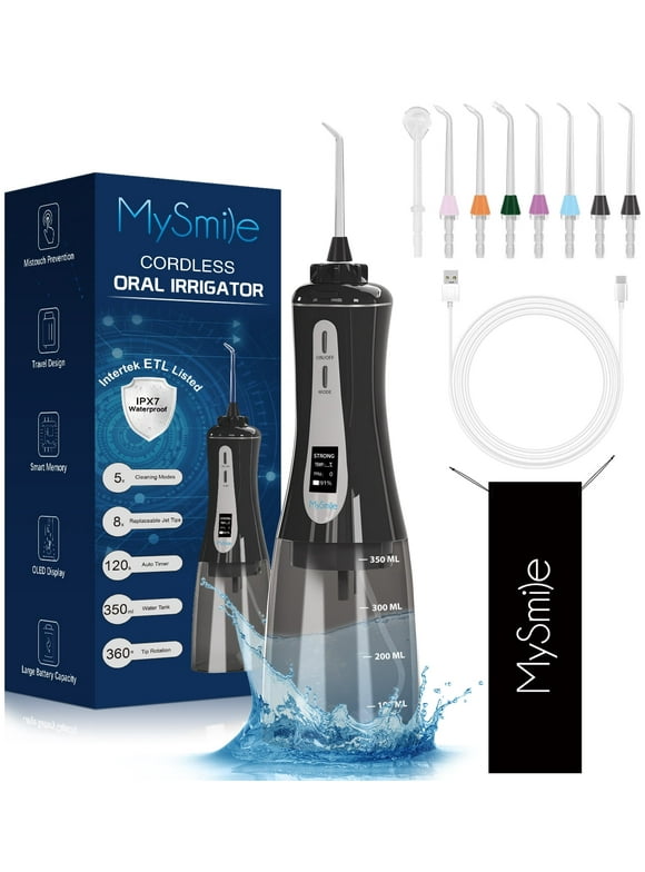 MySmile Powerful Cordless Water Dental Flosser Portable Oral Irrigator with OLED Display 5 Modes 8 Replaceable Jet Tips and 350 ML Detachable Water Tank for Home Travel Use
