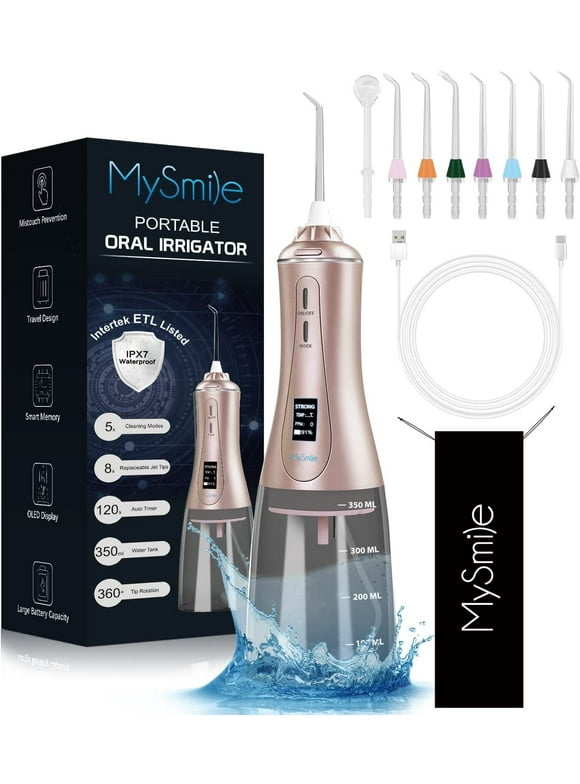 MySmile Powerful Cordless Water Dental Flosser Portable Oral Irrigator with OLED Display 5 Modes 8 Replaceable Jet Tips and 350 ML Detachable Water Tank for Home Travel Use Rose Gold