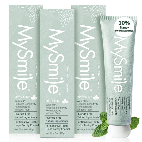 MySmile 10% Nano-Hydroxyapatite Toothpaste for Sensitive Teeth, Fluoride-Free Teeth Whitening Toothpaste, SLS Free, Repair Enamel & Remineralizer, Fresh Breath for Adults Natural Misty Mint,4.2oz, 3P