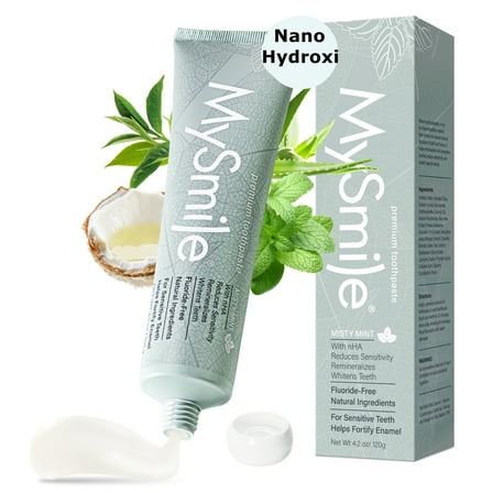 MySmile Anti-Sensitivity Toothpaste with 10% Nano-Hydroxyapatite for Adults, Fluoride-Free Teeth Whitening Toothpaste, SLS Free, Repair Enamel & Remineralizer, Natural Ingredient Misty Mint, 4.2oz