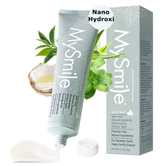 MySmile 10% Nano-Hydroxyapatite Toothpaste for Sensitive Teeth, Fluoride-Free Teeth Whitening Toothpaste, SLS Free, Repair Enamel & Remineralizer, Fresh Breath for Adults Natural Misty Mint, 4.2oz