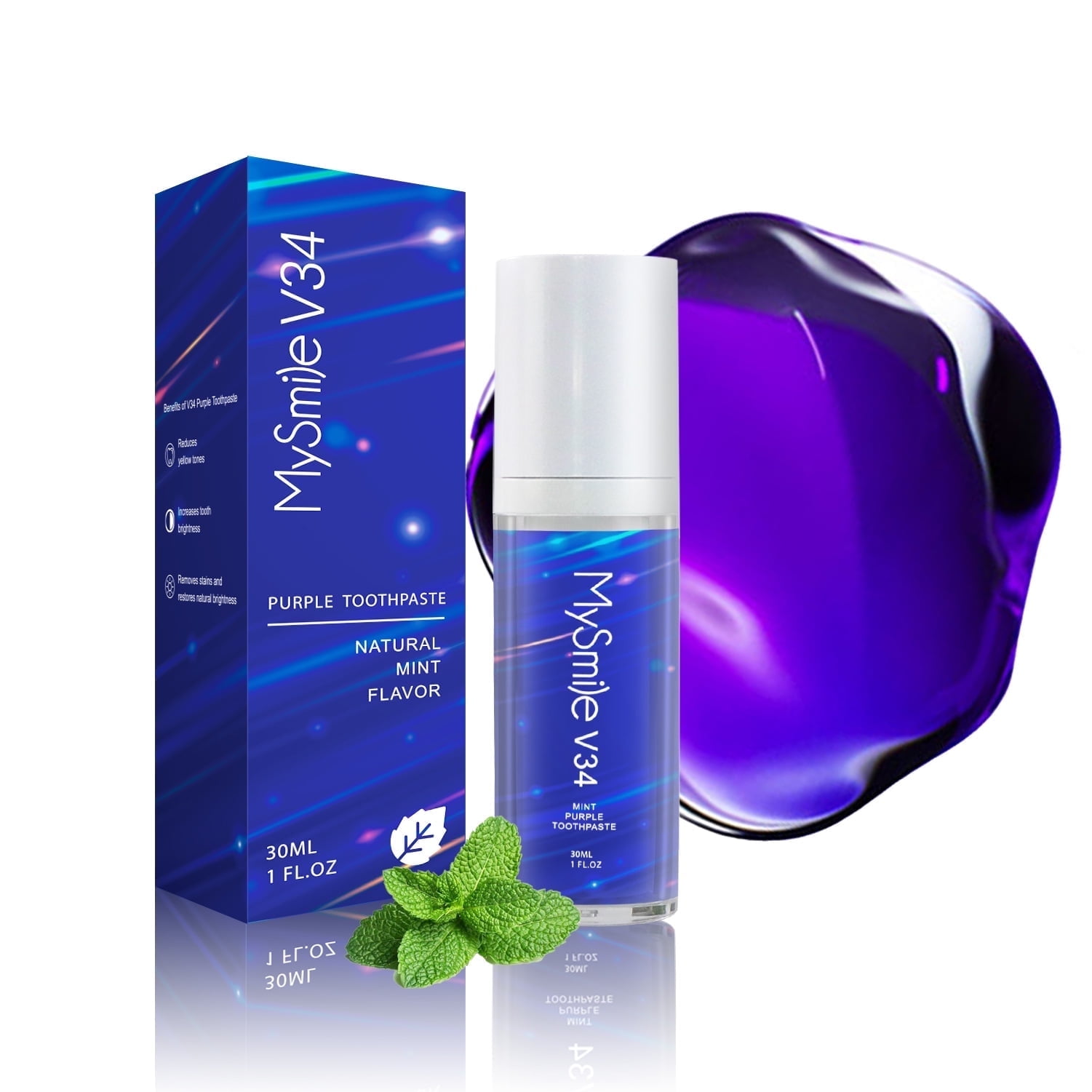 MySmile V34 Purple Colour Corrector Toothpaste Serum for Tooth Brighten Teeth Whitening Kit 30ML, Remove Tooth Stain