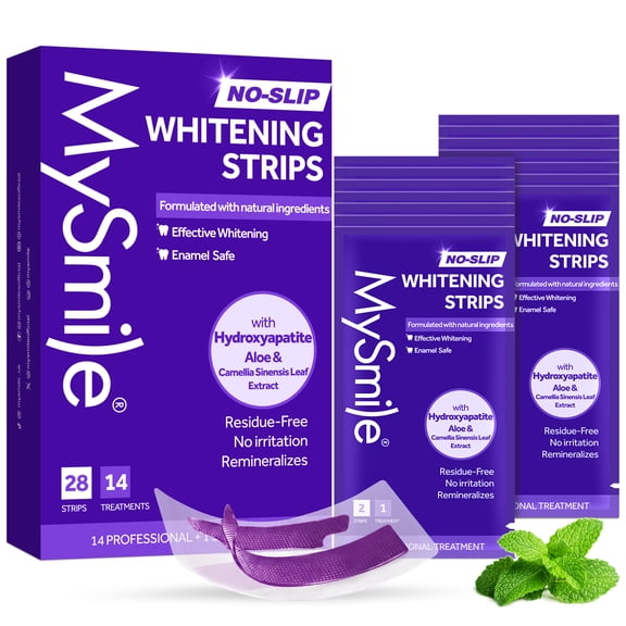 MySmile Purple Teeth Whitening Strips for Teeth Sensitive, Hydroxyapatite-Infuse for Enamel Safe, Non-Slip White Strips, Residue-Free, Teeth Stains Remover Whitening Kit, Mint Flavor, 28pcs