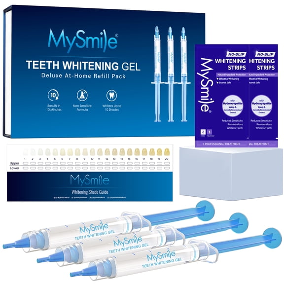 MySmile Teeth Whitening Gel Refill Pack, 3 x 3ml Gentle Enamel Safe Non-Sensitive Whitening Gel for Teeth Whitening Kit, 2pcs Teeth Whitening Strips, No Light, Mint, 1 Pack