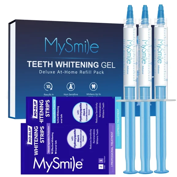 MySmile Teeth Whitening Gel Refill Pack, 3x3ml Teeth Whitening Pen & 2pc Whitening Strips, Non-Sensitive for Teeth, Carbamide Peroxide Tooth Whitener, 10min Results