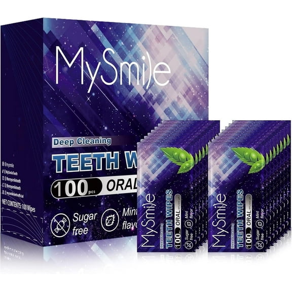 MySmile 100pc Disposable Brush Ups Deep Cleaning Teeth Wipes Finger Tooth Wipes Oral Freshes Clean Wipes, Strong Mint