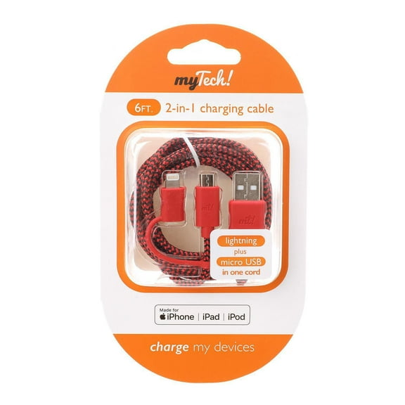 MyTech My Tech, 6Ft Micro USB, Lightning 2 In 1 Cable, Black-Red , 1 each, sold by each