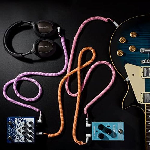 MyVolts Candycord Audio Cable, Angled Mini Jack to Angled Large Jack, Curly 100cm to 200cm, Sunset Peach Colour