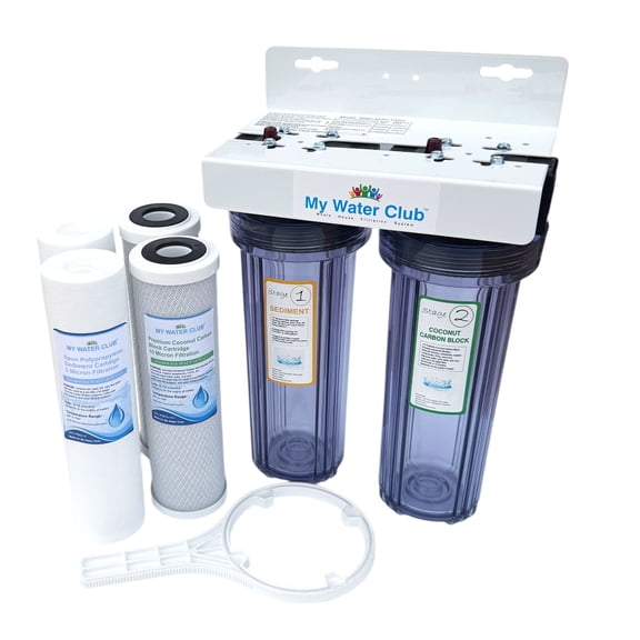 MyWaterClub 2-Stage Whole House Water Filtration System, 3/4" Ports, Clear/Translucent Housing, Includes Extra Replacement Filter Set