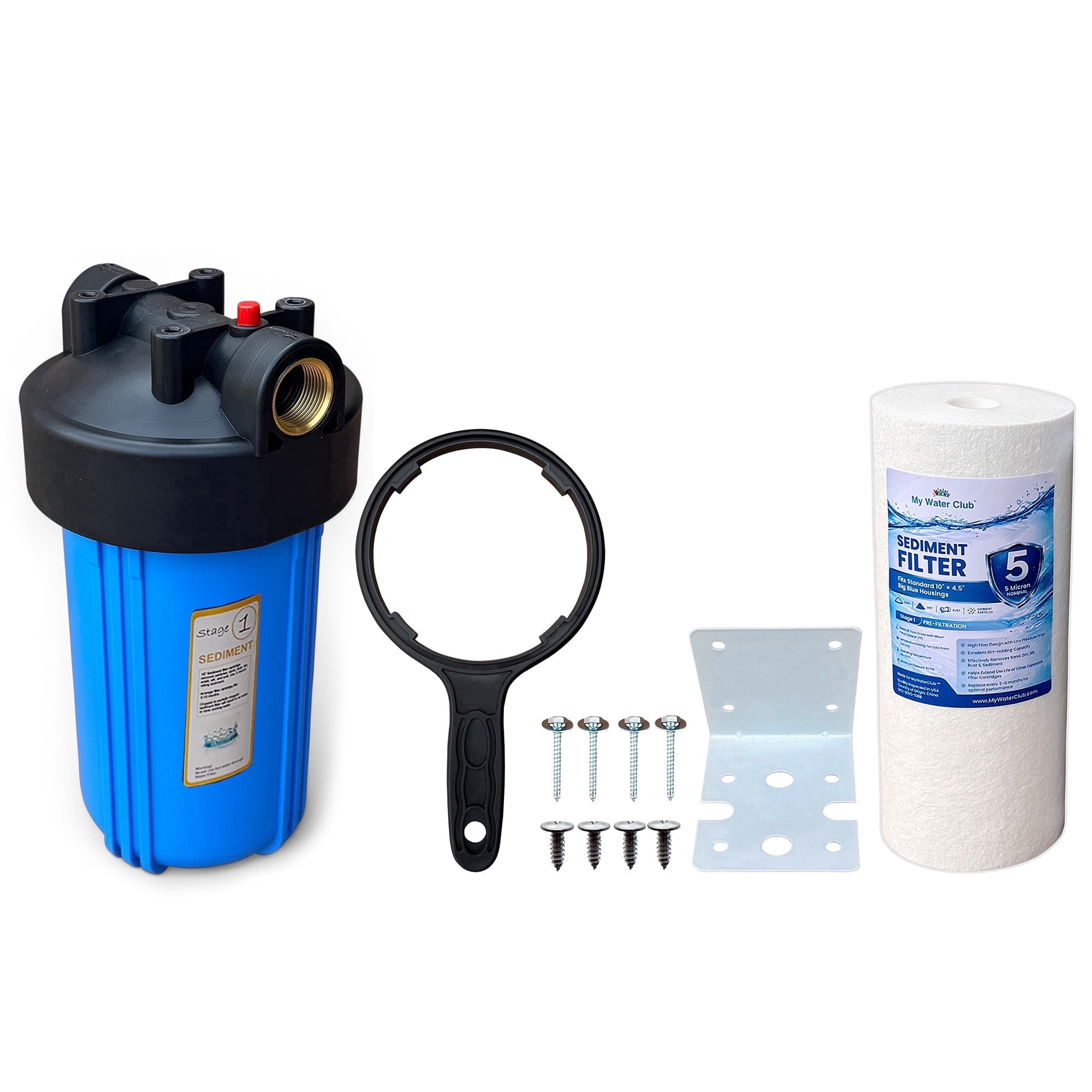 MyWaterClub Single Stage Whole House Water Filtration System – 10" x 4.5" Big Blue Housing, 1" Brass Insert Ports, Includes 5 Micron Sediment Filter, Wrench, Metal Bracket & Mounting Screws