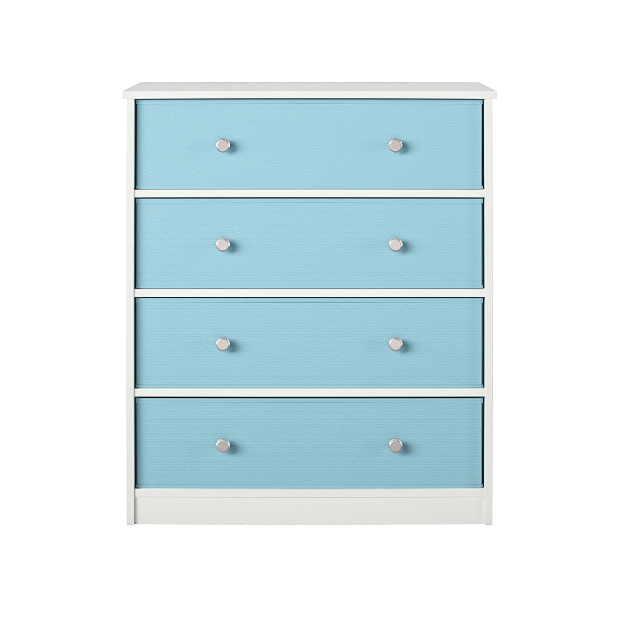 White and Light Blue Tall Nursery Dresser with Fabric Bins