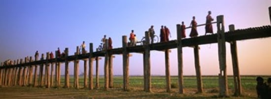 Myanmar Mandalay U Bein Bridge People crossing over the bridge Canvas Art - Panoramic Images (36 x 13)
