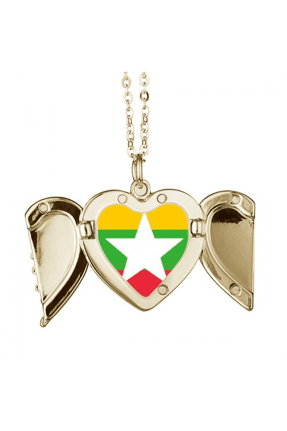 Myanmar National Flag Asia Country Folded Wings Peach Heart Pendant Necklace