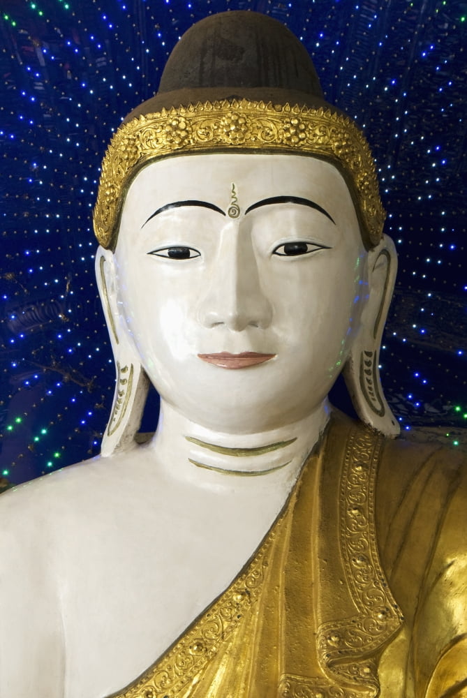 Myanmar Yangon Shwedagon Paya Head of a Buddha statue against blue background Canvas Art - Richard Maschmeyer Design Pics (24 x 36)