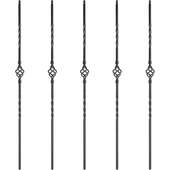 Myard Single Basket 1/2 Inches Square Iron Stair Balusters, 44 Inches 5-Pack (Satin Black)