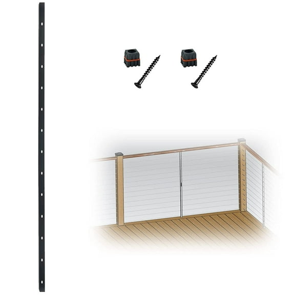 Myard Square Aluminum Pre-Drilled Intermediate Picket Post with Connectors for 1/8" Level Cable Railings, Length 42" with 13 through Elongated Holes (42", Black, 1-Pack)