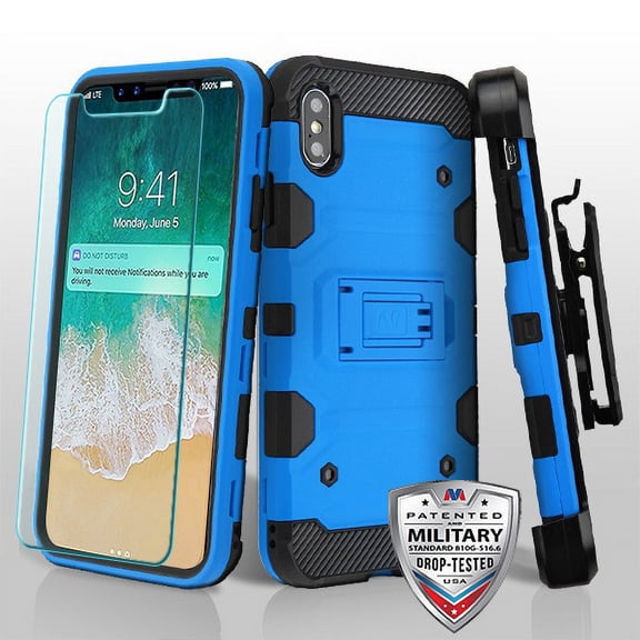 iPhone XS Max - 3 in 1 Holster Clip Case + Tempered Glass - Blue