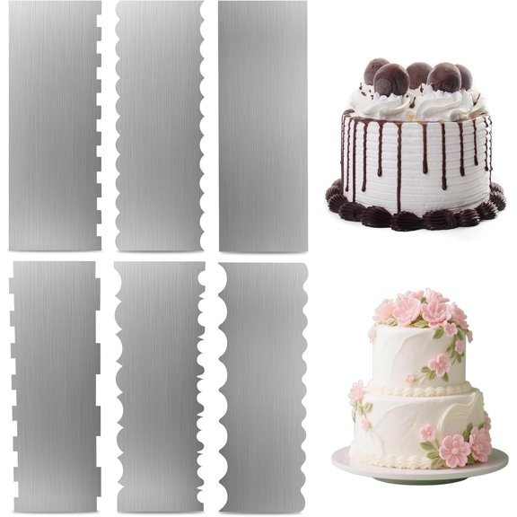 Mybrand Metal Cake Scraper, 6 Pack Double Sided Contour Patterned Edge Smoother, Stainless Steel Cake Decorating Comb 8.6 Inch