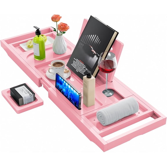 Mybrand Premium Bathtub Tray Caddy with Expandable Bath Tray and Unique Pink