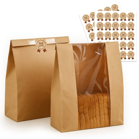Mycheny 50-Pack Sourdough Bread Bags w/View Window - 13.7x8.3x3.7in Bakery Bags for Bread, Cookies, Pastries - Includes 50 Stickers