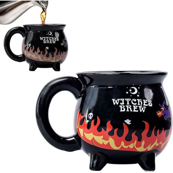 Mycheny Witches Brew Cauldron Cup (12 oz), Black Witchy Drinkware CupsHalloween Color-Changing Ceramic Coffee Mug
