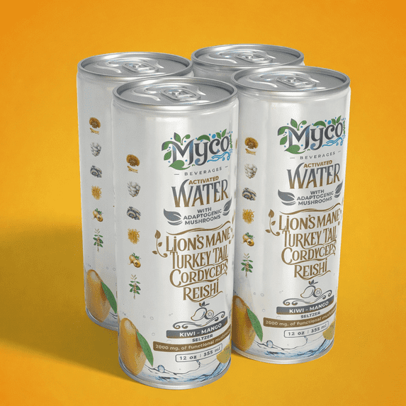 MycoBev Kiwi Mango Sparkling Water, 2000mg Mushroom Blend, 4-pack
