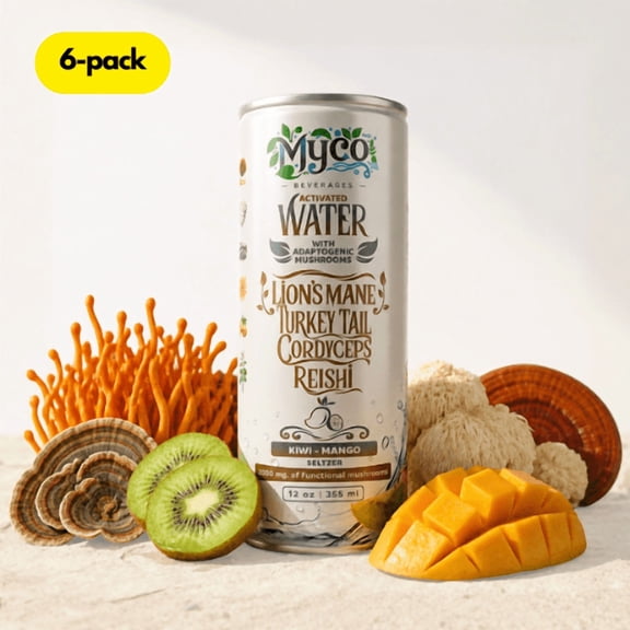 MycoBev Kiwi Mango Sparkling Water, 2000mg Mushroom Blend, 6-pack