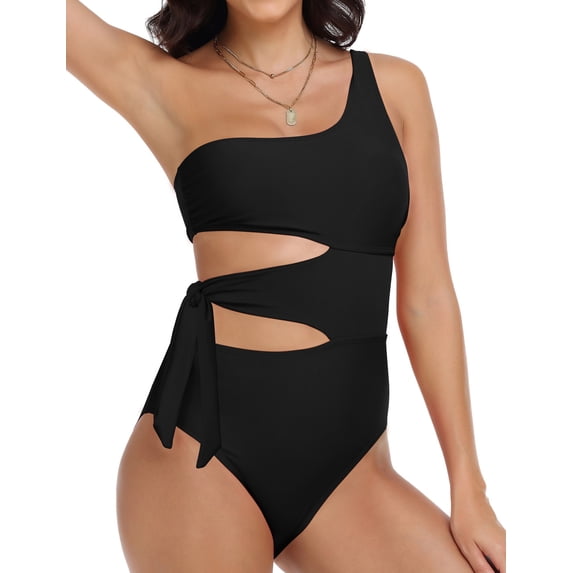 Mycoco Bathing Suit for Women Tummy Control One Piece Swimsuit One Shoulder Swimwear Monokinis Black US 8