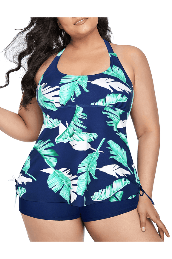 Plus Size Tankini Swimsuit Two Piece Bathing Suits for Women High Neck Tankini Top with Shorts