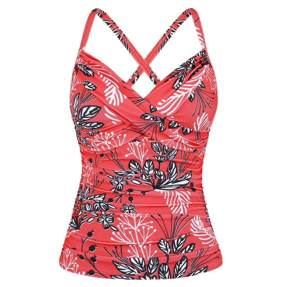 Mycoco Women Underwire Tankini Top Swimwear Twist V Neck Swimsuits for Big Busted Tummy Control Swim Top Only Red Floral US8