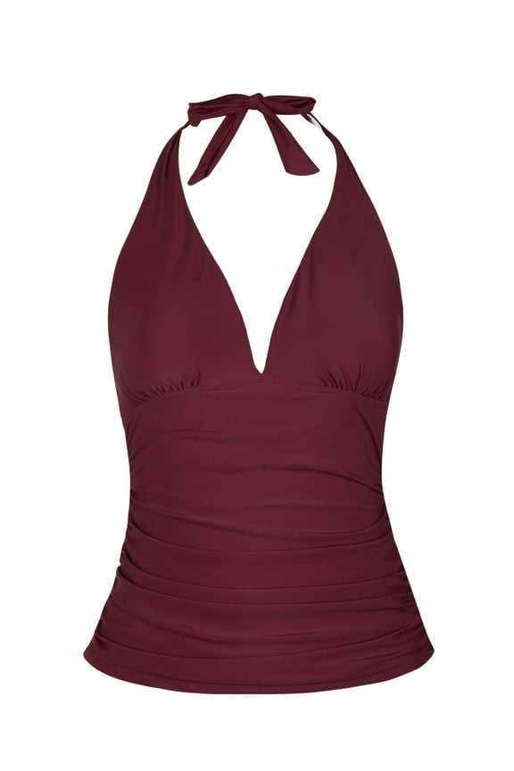 Women's Halter Swim Top V Neck Swimwear Front Shirred Tankini Top
