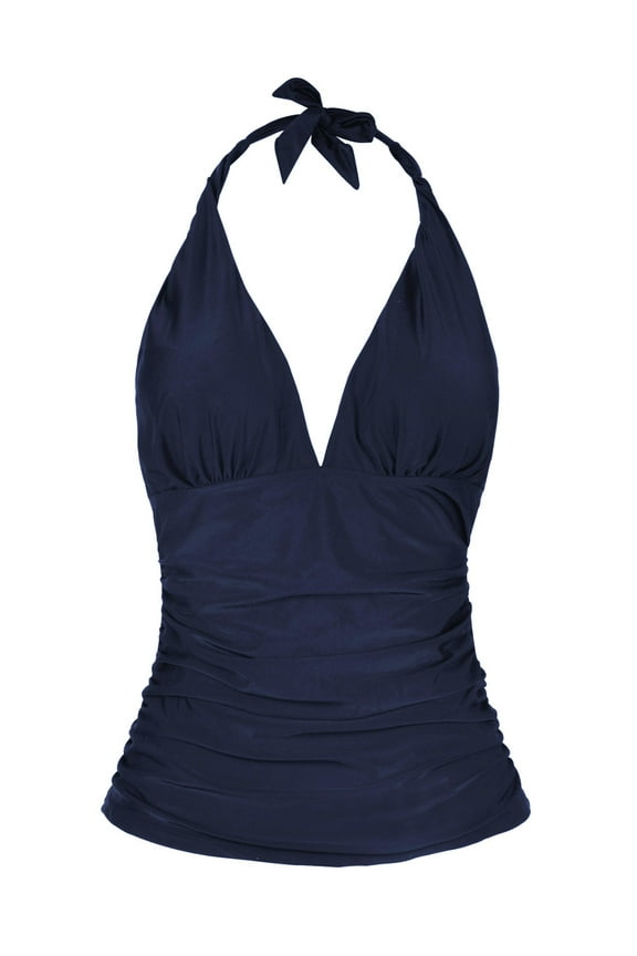 Women's Halter Swim Top V Neck Swimwear Front Shirred Tankini Top