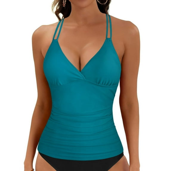Mycoco Women's Shirred Swim Tops with Underwire Push Up Tankini Swimsuit Top Tummy Control Bathing Suit Top Only Ocean Depths US8