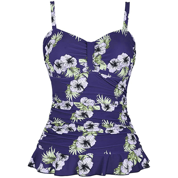 Mycoco Women's Swim Top Padded Ruffle Hem Shirred Swimwear Tankini Swimsuit Top