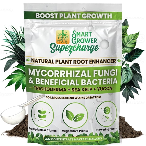 Mycorrhizal Fungi with Beneficial Bacteria, Trichoderma, Sea Kelp, Molasses, Yucca, Supercharge Plant Root Enhancer 2oz Super Concentrate Powder Makes 25 Gallons